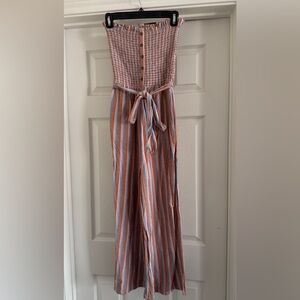 Billabong Peach, Blue & Brown Striped Smocked Top